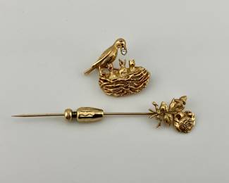 14K bird nest brooch with diamond and 2 rubies, 14K gold rose stick pin.