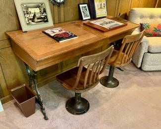 Antique double desk with swivel stools