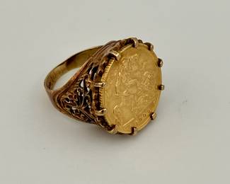 22kt gold British half sovereign coin set in 14K gold ring setting