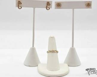 808 10k Gold, Diamond Ring Rhinestone Earrings, 5.71g
