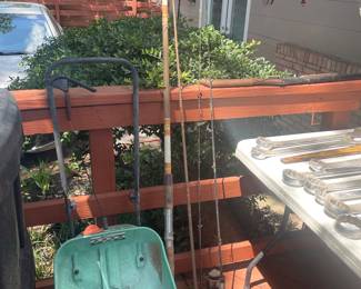 Broadcast spreader, fishing poles, wrenches