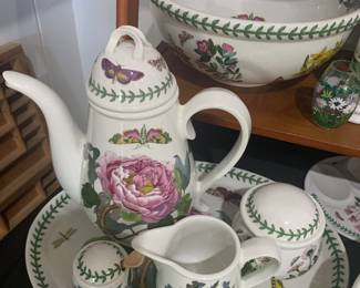 Portmeirion tea/coffee service.  Includes pot, tray, honey, pot, and cream and sugar.