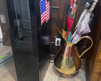 Wine cooler, large decorative pitcher and umbrellas including one from Coca-Cola