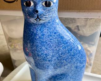 Vintage Blue Cat Spongeware Ceramic Statue Figurine