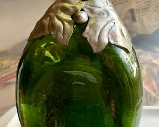 Vintage 1920’s 9.5” Denmark Pewter Overlay Bottle Green Pinch Grape Leaf Bottle