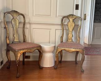 Pair of Queen Anne Chairs, circa 1750, painted, gilt, European