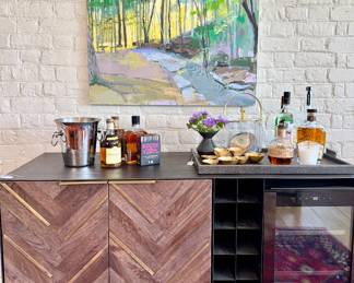 Paula Wachsstock original oil on Canvas - "Into the Light" 36" x 36", Rustic Herringbobe Wine Credenza with Fridge