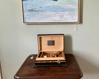 Inlay Humidor, antique table, Paula Wachsstock - oil on canvas - 24" x 24" - "Vermont Skies"