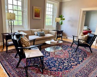 Black Leather Chairs, Palace Sized Persian Rug, Metal lamps, Highland House Sofa, Gayle Barber original oil on canvas, Restoration Hardware throws and pillows