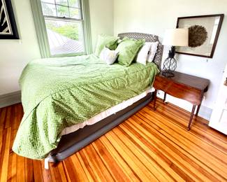 NEW Custom made queen coverlet and shames, Full size headboard from Crate and Barrel, antique drop leaf (pembrooke)