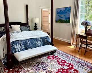 Thomas O'Brian Queen Bed, Gabby Lamps, original Paula Wachsstock oil on canvas and a rug to die for