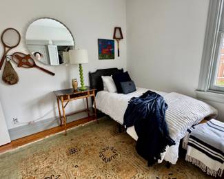 Crate and barrel mirror, stunning Persian rug, vintage tennis trackers, twin bedding...sorry the twin beds sold to new homeowner!