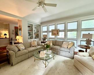 Custom covered sofas, room size - beautiful- rug, vintage Chapman coffee table, antique pine tables and dreamy decorator lamps