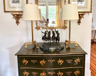 Antique chest of drawers, Remington statue, Visual Comfort Lamps, Carvers Guild Mirror, antique prints from 1887