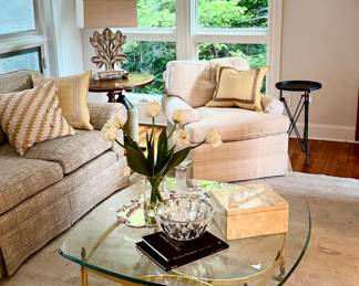 Chapman coffee table, club chair and a million custom pillows