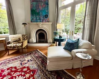 Restoration Hardware chaise, enormous original mixed media in canvas, custom covered side chair and antique pine desk!
