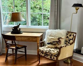 Hitchcock chair, desk is sooo good, vintage pillow and a bronze pheasant lamp