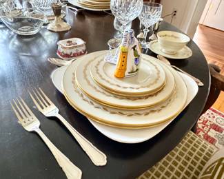 Chinas sets x 3, Waterford stems, complete service for 8 silver plated flatware