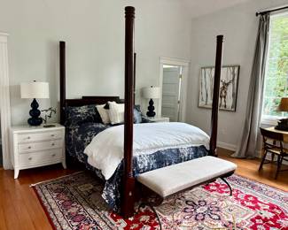 Thomas O'Brien Queen Bed, Brand New Ralph Lauren Bedding, Restoration Hardware bench, custom painted side table, gourd lamps in deep navy blue and a rug to die for!