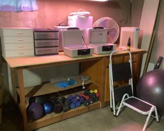 Fire proof Safe cases, white fan, humidifier, all sizes of hand weights, exercise ball, step, two step ladder