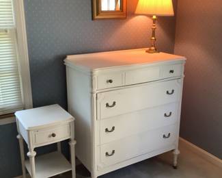 White chest of drawers measures 35 w x 20d x 45 h.  Presale $125.  The night stand 15” sq x 28” h.  Presale $40