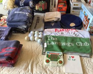 Golf towels, golf balls, hats