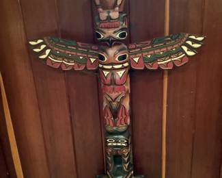 This Thunderbird hand carved wooden and painted Native American pole is a signed John Williams piece.  Gorgeous!  Will take bids for the two days