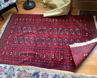 Dark red rug with navy accent color.. presale $60