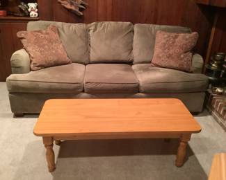 Brown sofa measures 80” l x 42” d x 36” h.  Presale $100, coffee table 46” w x 19” d. 16” h.   Presale $50