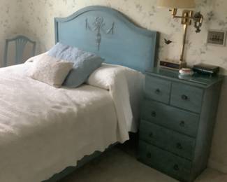 This vintage set includes a full bed with headboard and footboard, mattress and box spring, chest of drawers, rocker, mirror, small chest, bookshelf and round end table, vanity with mirror and bench.  Full set presale for $550.  