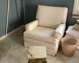 White chair..presale $85.  Antique marble topped table.