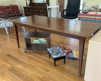Large wooden work table, rolling small cart and vintage footstool