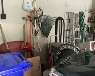 Wheelbarrow, rakes, ladders, hoses