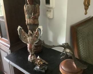Carved statue of Native American Indian,  smaller carved Indian, brass statue of Native American on horseback, eagle with wings spread statue