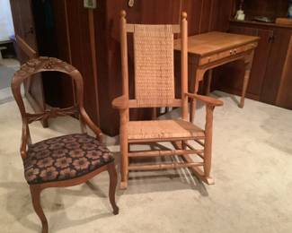 Antique chair, older rocker and side table/ desk