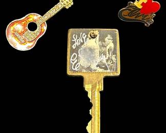 Signed Elvis Hotel Key and Rock Themed Pins