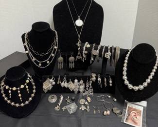 Silver Toned Necklaces, Bracelets, Pierced Earrings, Pins and Pendants