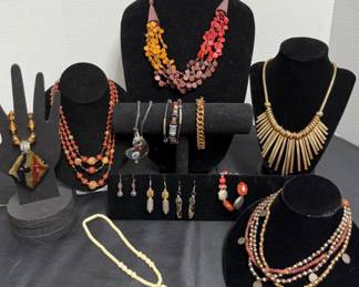 Brown Toned Collection of Necklaces, Copper Bracelet, Bone Necklace, Pierced Earrings, Pendant