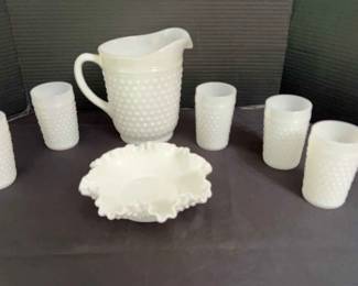Hobnail Pitcher, Glasses And Fenton Milkglass Bowl