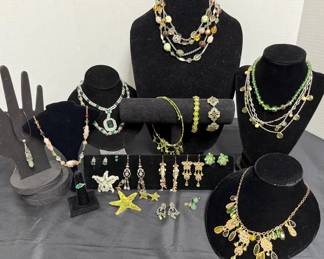 Green Toned Collection of Necklaces, Bracelets, Earrings, and Brooches