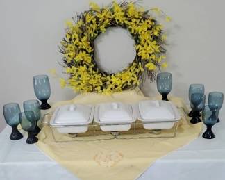 Ceramic Buffet Warmer, Handblown Lenox Goblets, Hand Stitch Tablecloth