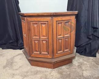 Octagonal Wooden Bar Cabinet, Dark Brown with Green Top, Paneled Design