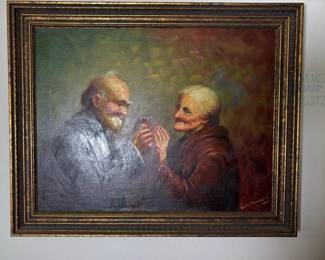 H.A. Munday Oil Painting of Elderly Couple with Wine Glass