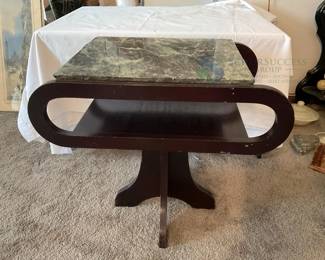 Mid-Century Modern Side Table, Marble Top, Oval Design, Wood