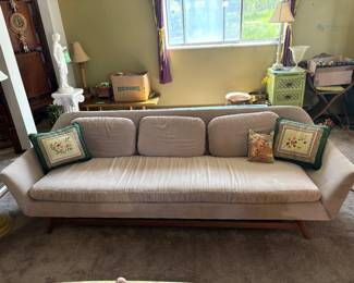 Mid-century Modern 3-Seater Sofa, Light Beige Fabric, Wood Legs