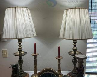 Pair of Brass Table Lamps with White Fabric Shades, 24" Height
