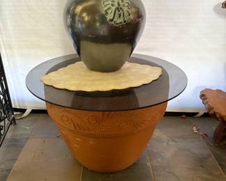 Decorative Vase and Terracotta Base Table Set with Black Glass Top