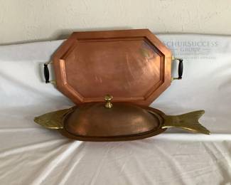 Copper Serving Tray & Fish Dish, Octagonal and Fish-Shaped, Copper Material
