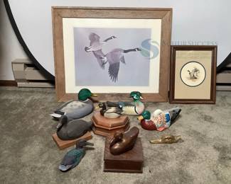 Collection of Duck Decoys and Art Prints, Featuring G. Loates 1966 Edition