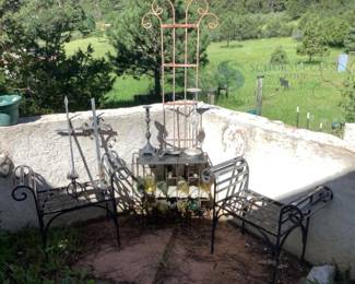 Outdoor Patio Furniture Set, Wrought Iron, Includes Wine Rack and Decorative Items